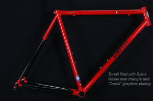 Torelli Red with Black Nickel rear triangle: Custom bicycle frame painting